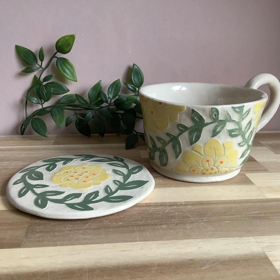 Handmade stoneware green yellow flower and leaf mug and coaster set gift set