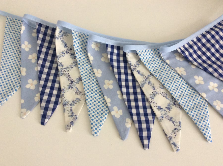 Bunting - 12 flags 8ft long with ties, cream,  and vintage blues
