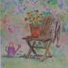 Original watercolour painting garden still life chair and pink blossom