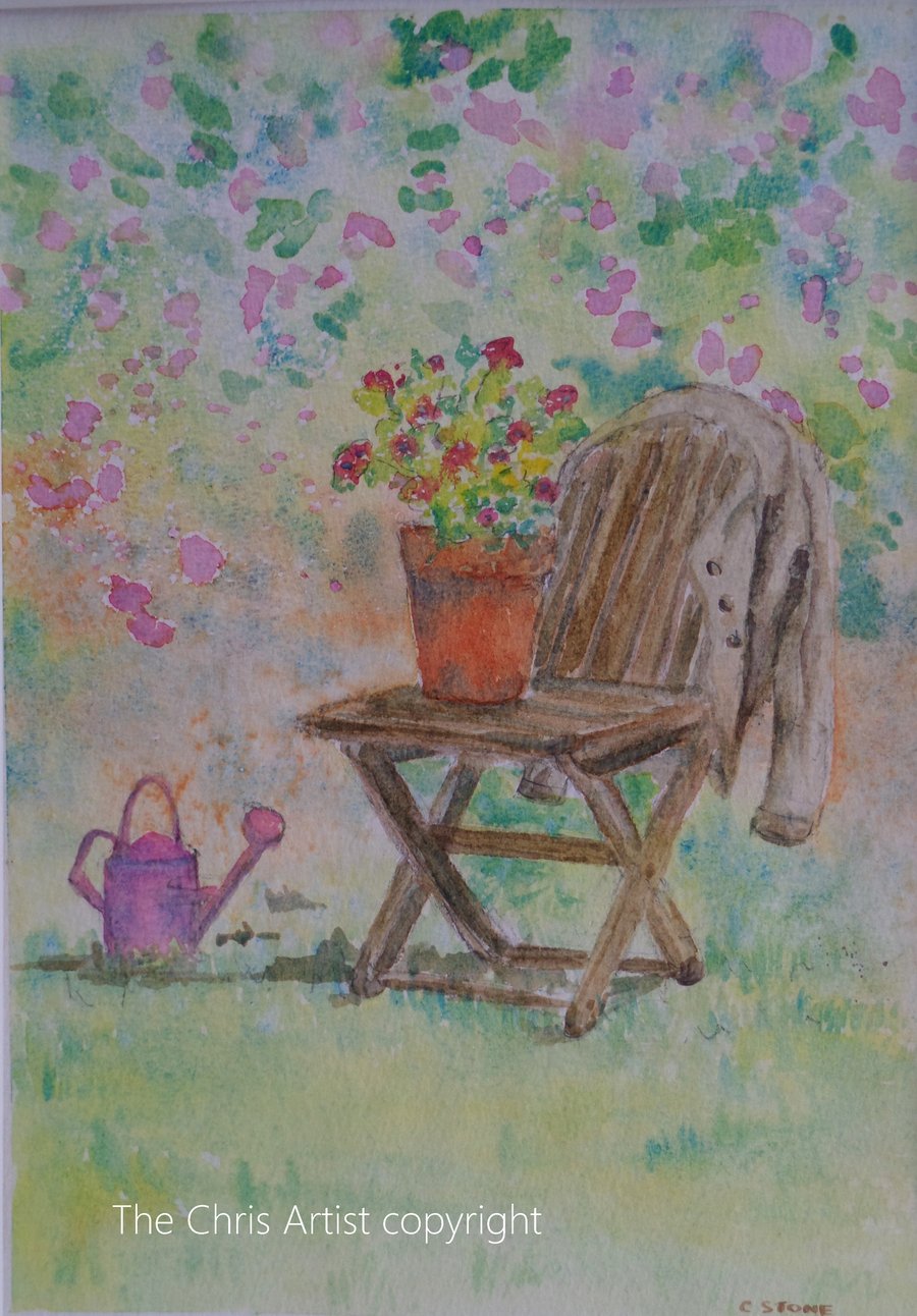 Original watercolour painting garden still life chair and pink blossom