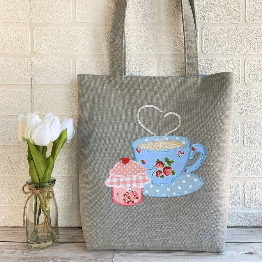 Afternoon tea tote bag with cuppa and cupcake
