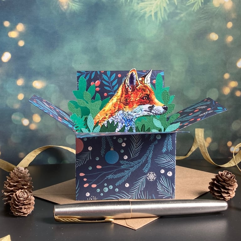 Fox Christmas Card. 3D box card. Personalised Christmas gift card holder.