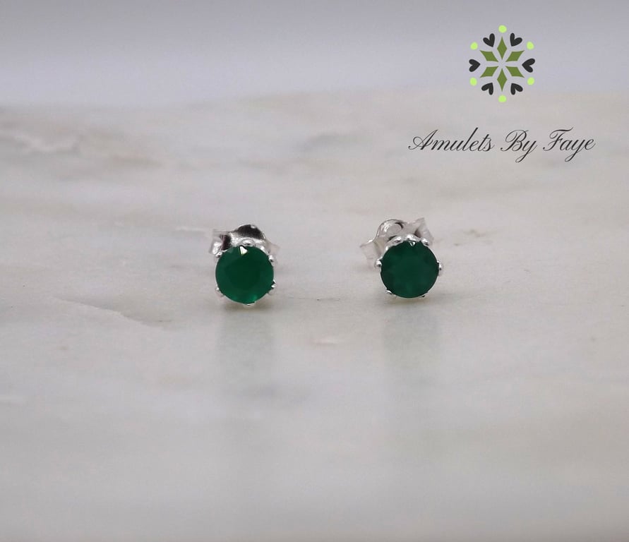 Green Onyx Facet 4mm Gemstone 6 Prong Sterling Silver Stud Earrings.