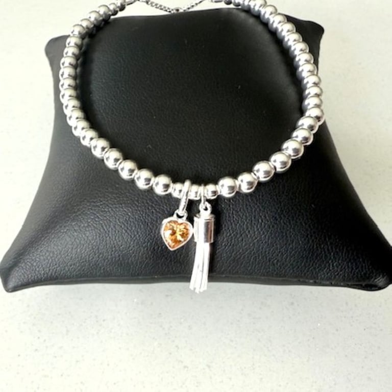 Sterling Silver Beaded Bracelet with Tassel & CZ Citrine Heart Charm 