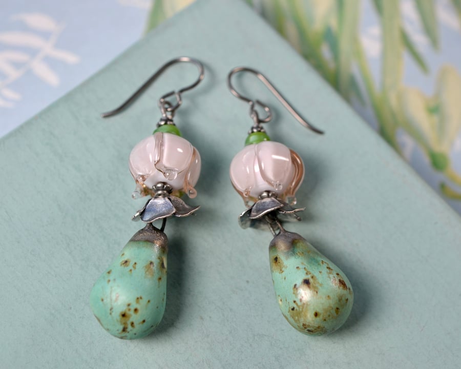 Lampwork rosebud and artisan ceramic earrings