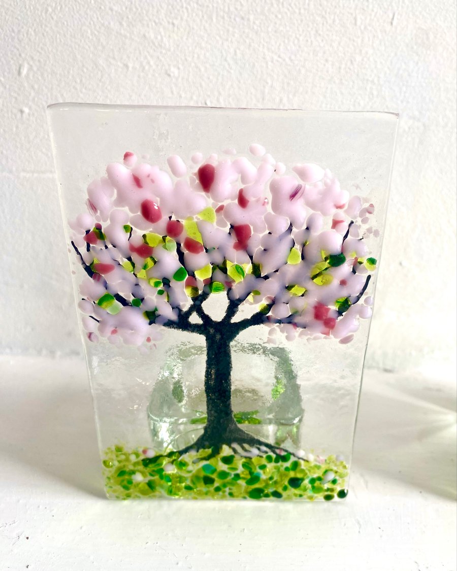 Cherry blossom Tree of life fused glass tealight candle holder sun catcher 