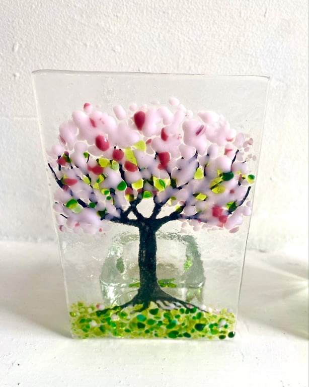 Cherry blossom Tree of life fused glass tealight candle holder sun catcher 