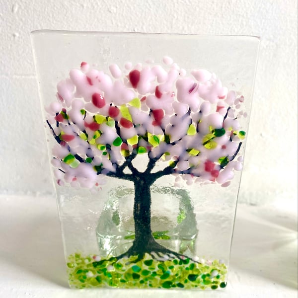Cherry blossom Tree of life fused glass tealight candle holder sun catcher 
