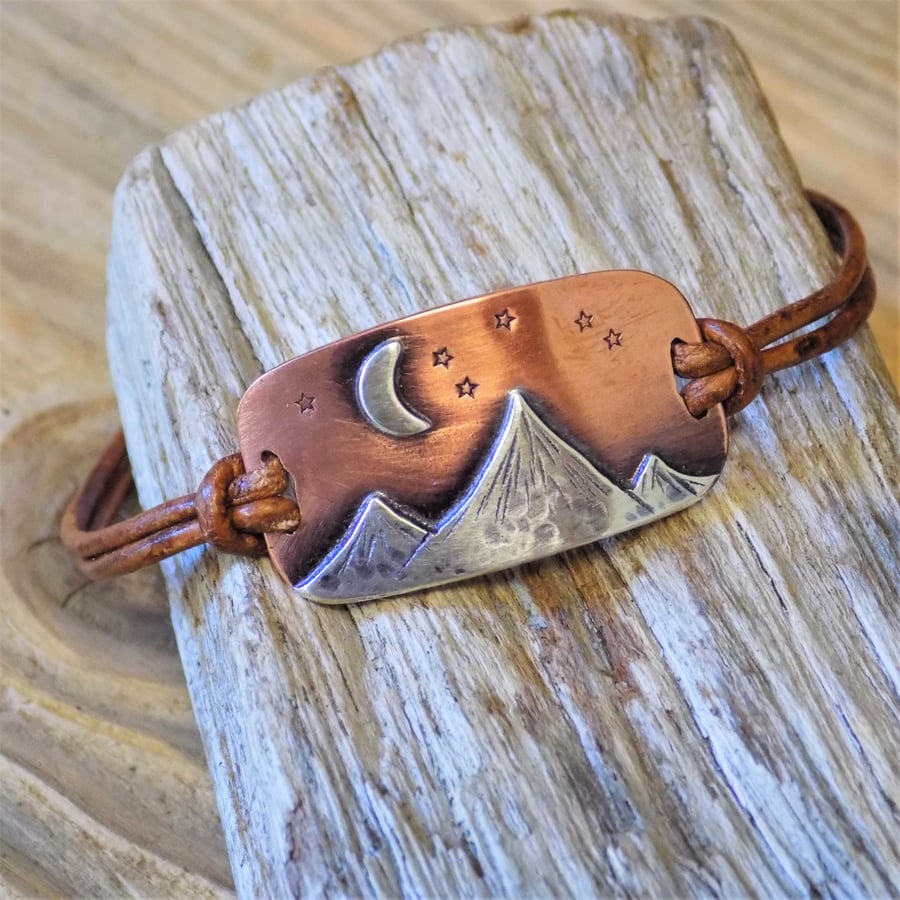 Copper and silver 'starry night on the mountains' mixed metal leather bracelet 
