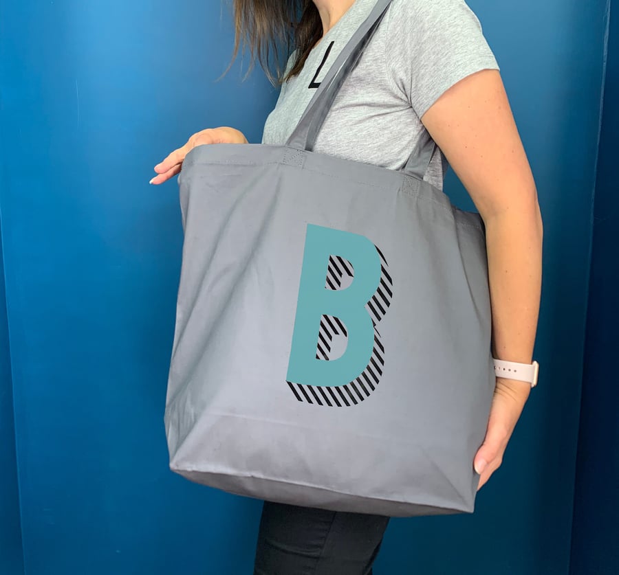 Organic cotton large bag. Large grey shopper with choice of colour letter.