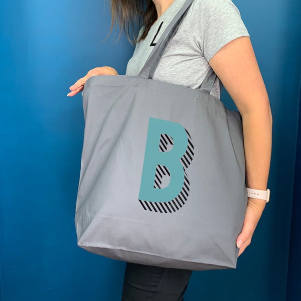 Organic cotton large bag. Large grey shopper with choice of colour letter.