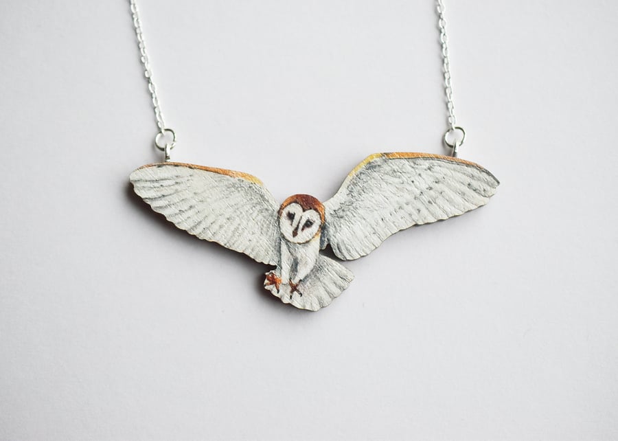 Flying Barn Owl Bird Necklace,  Illustrated Wooden Jewellery, eco friendly gift