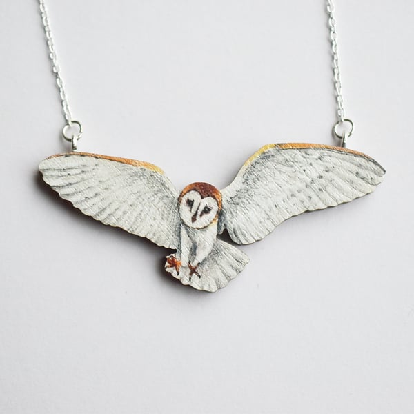 Flying Barn Owl Bird Necklace,  Illustrated Wooden Jewellery, eco friendly gift