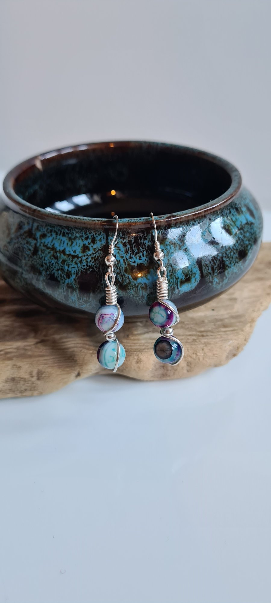 Handmade Funky 925 Silver & Purple Blue Banded Agate Dangle Drop Earrings Gift 