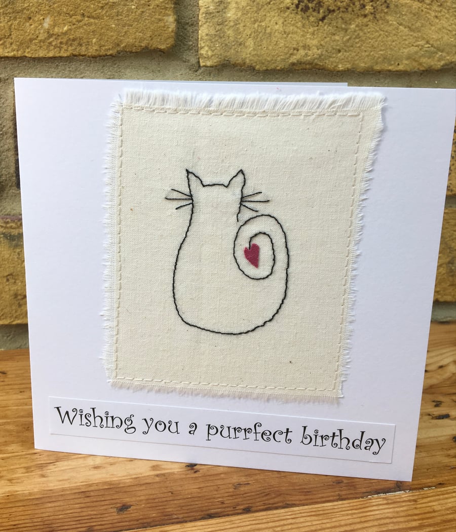  Cat Birthday Card, handmade card, Purrfect Birthday embroidered cat card