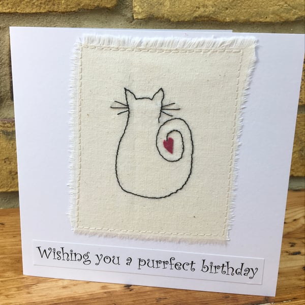  Cat Birthday Card, handmade card, Purrfect Birthday embroidered cat card