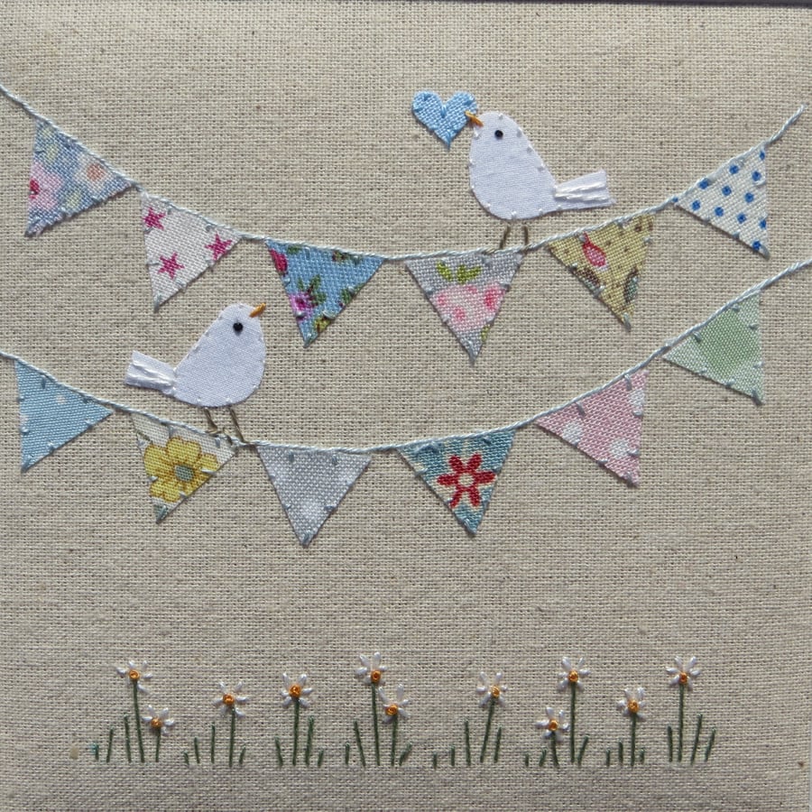 SOLD Bunting with Birds hand-stitched framed work for gifting, nursery,en
