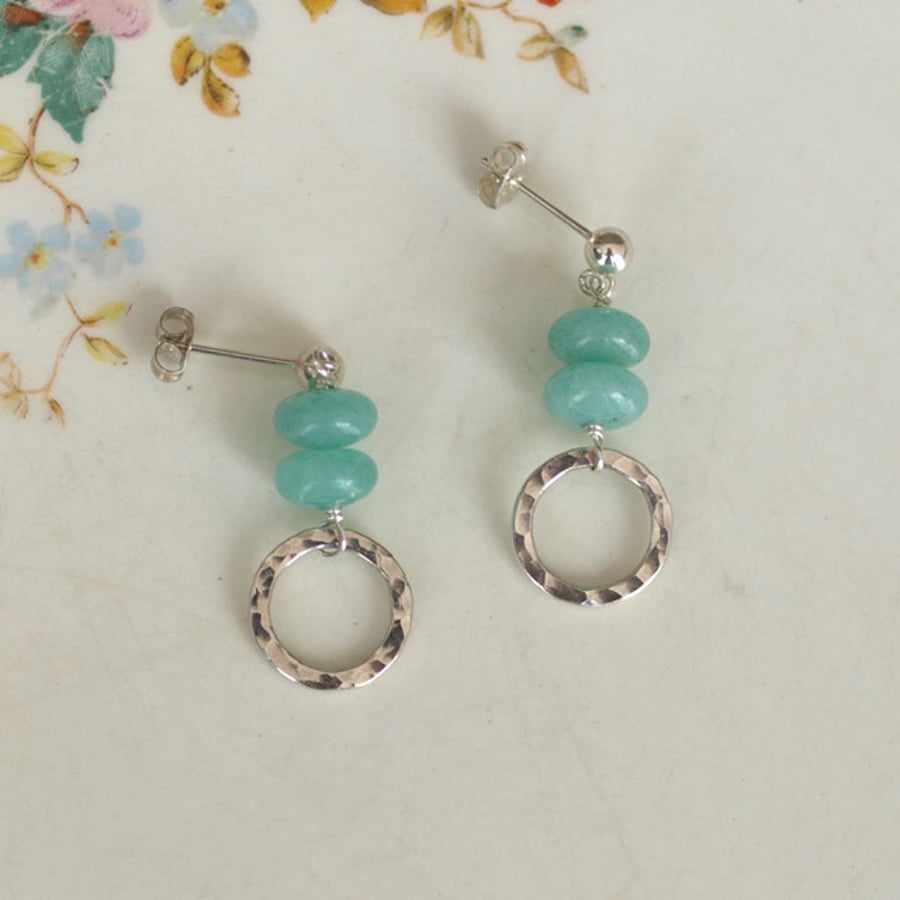 Hammered Circles with Turquoise Dyed Jade Earrings 