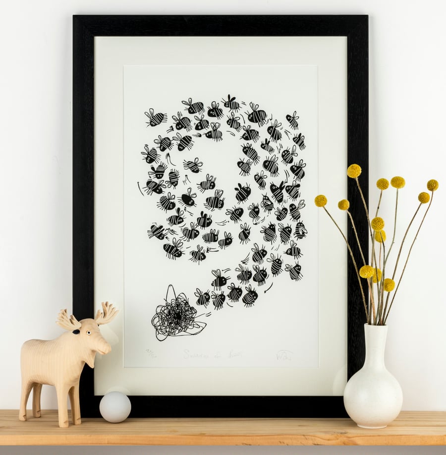 Swarm of Bees - lino cut print