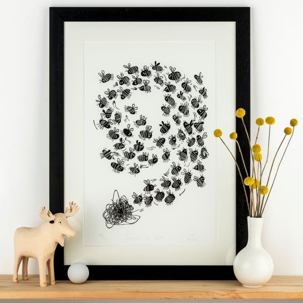 Swarm of Bees - lino cut print