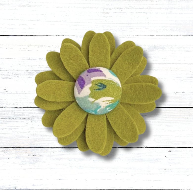 Handmade Felt Lime Flower Brooch with Fabric Button Centre, Christmas Gift