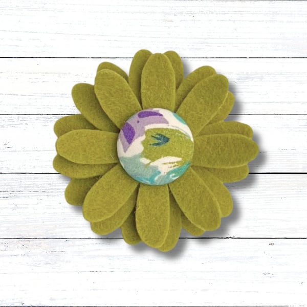 Handmade Felt Lime Green Flower Brooch, Eco Friendly Upcycled Fabric, Gift Boxed