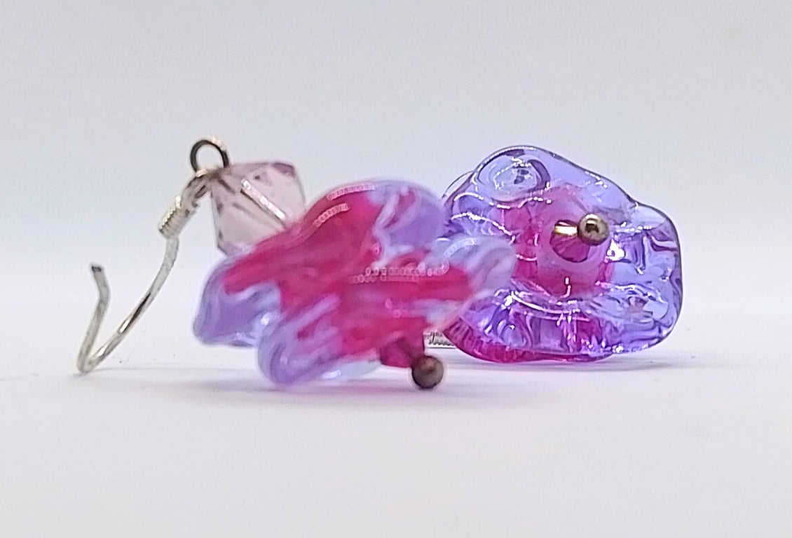 Lampwork Glass Bead Earrings, Pink Fluted Beads, Sterling Silver 