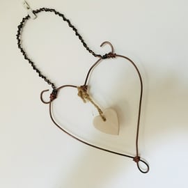 Wire art love heart, hanging heart sculpture, hand made hanging decoration