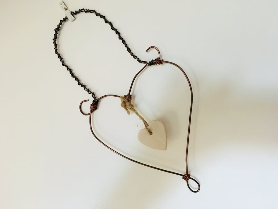 Wire art love heart, hanging heart sculpture, hand made hanging decoration