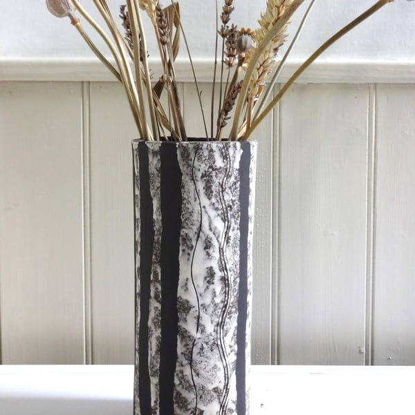 Handmade vase black & white ceramic.Unusual abstract art design. Free shipping.