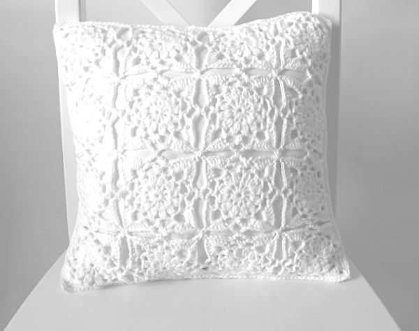 Crochet cushion cover, organic cotton white removable cushion cover