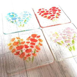 Fused Glass Heart Flower Coasters