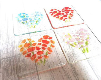 Fused Glass Heart Flower Coasters