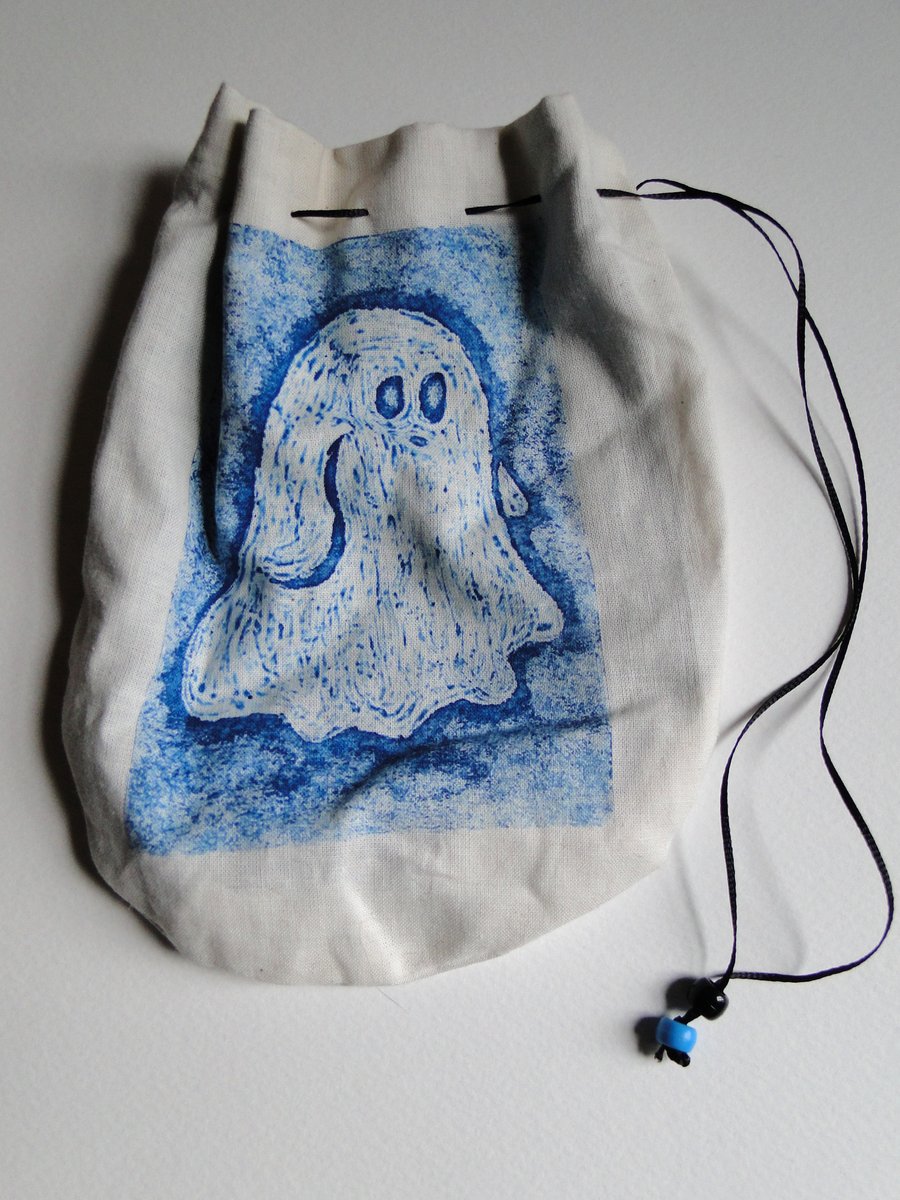 Sale Halloween Ghost Hand Printed Collagraph Print Cream Drawstring Bag Purse
