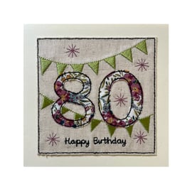 80th Birthday Card, Liberty Floral Card, Liberty Birthday Card, 80 Bunting Card