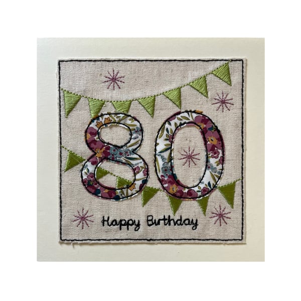 80th Birthday Card, Liberty Floral Card, Liberty Birthday Card, 80 Bunting Card