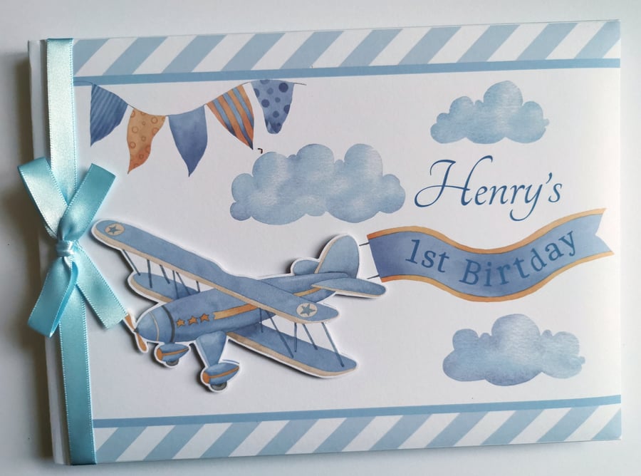 Vintage plane boy birthday guest book, vintage plane birthday party gift