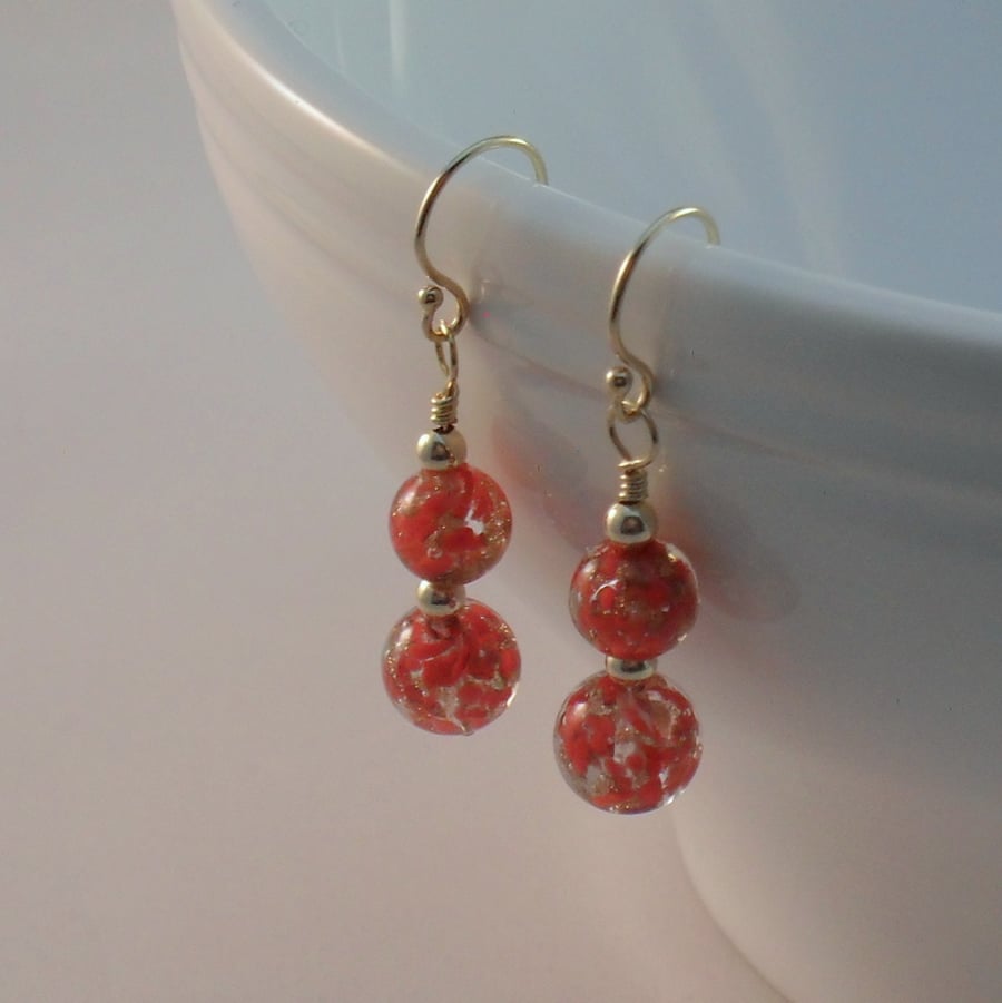 Gold Filled Red Venetian Murano Glass With Aventurina Earrings