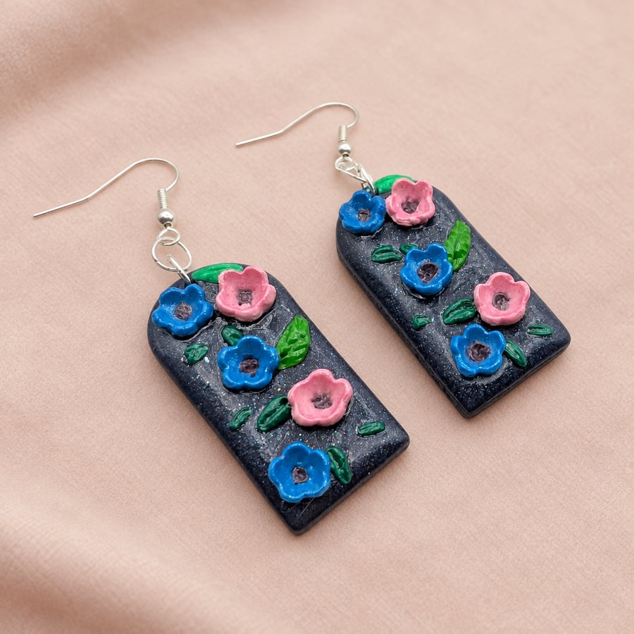 Arch Polymer Clay Pink & Blue Flower Earrings With Leafy Details 