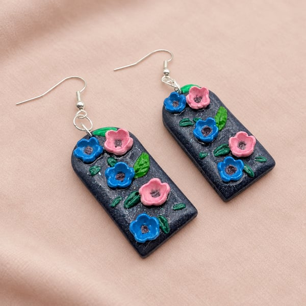 Arch Polymer Clay Pink & Blue Flower Earrings With Leafy Details 