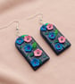 Arch Polymer Clay Pink & Blue Flower Earrings With Leafy Details 