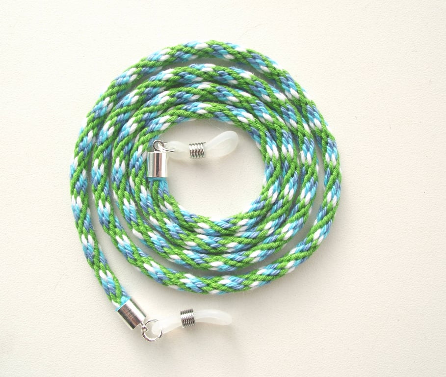 Kumihimo Braided Cotton Glasses Strap, Green, Blue, White