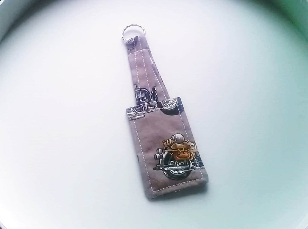 motorcycle keyring, luggage tag motorbike keyfob, brown fabric biker keychain