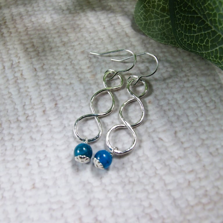 Earrings, Sterling Silver and Apatite Long Circle Pattern Droppers