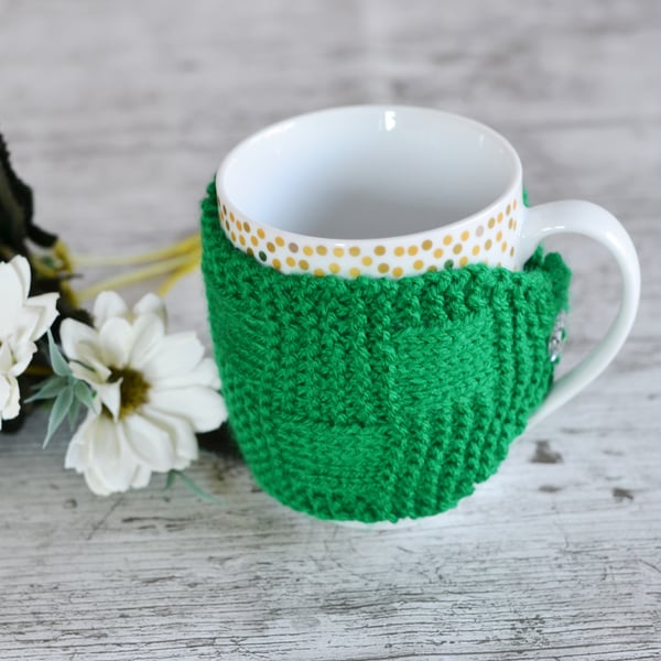 Emerald Green Basketweave Knitted Cup Cozy 