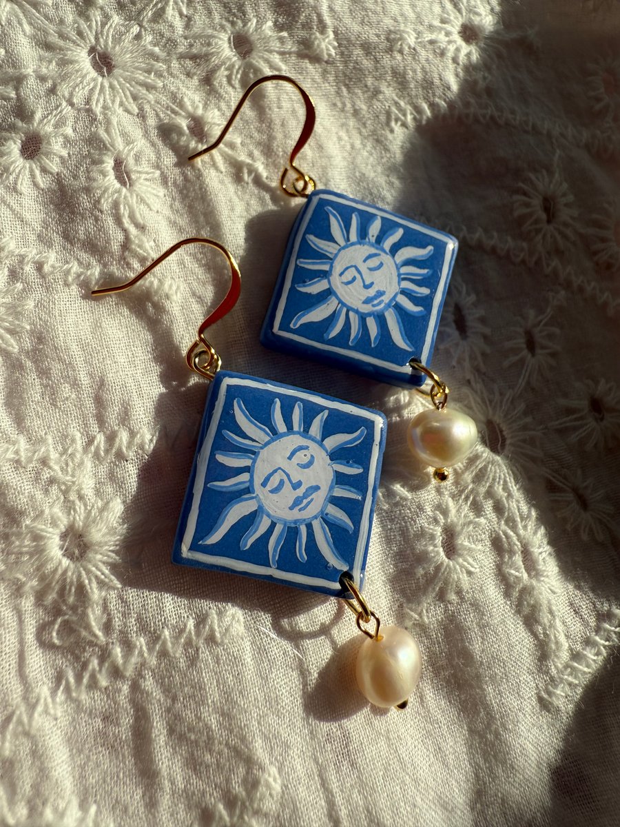 Blue Sun Face Earrings with Pearl Drop – Hand Painted, Gold plated