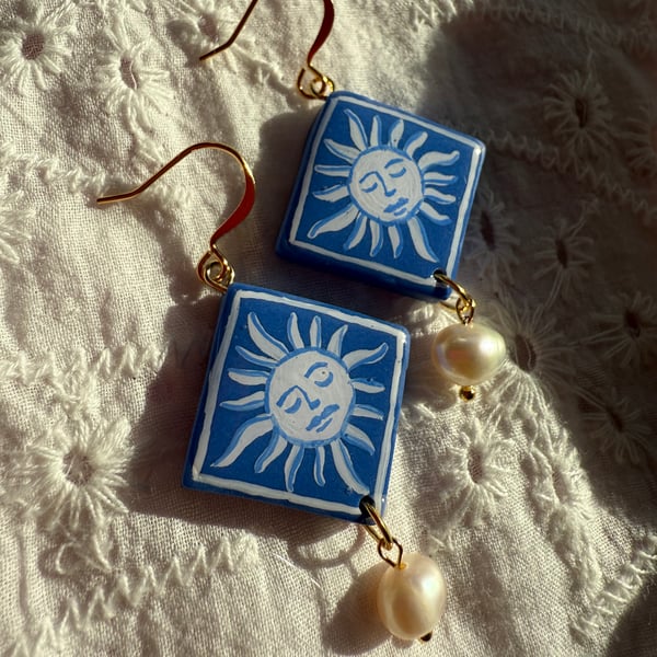 Blue Sun Face Earrings with Pearl Drop – Hand Painted, Gold plated