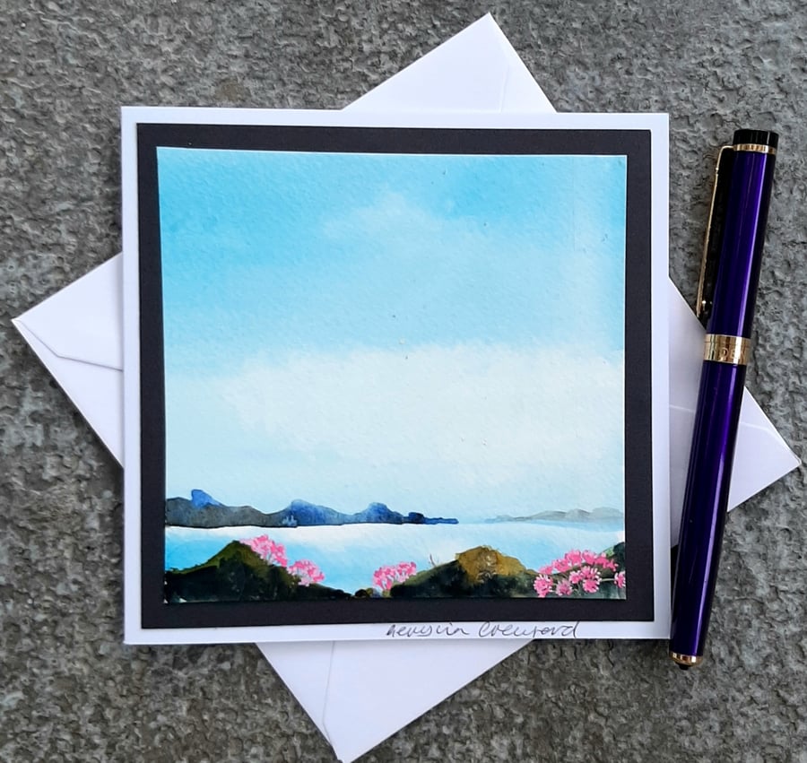 Handpainted Blank Card. Sea Thrift on The Shoreline