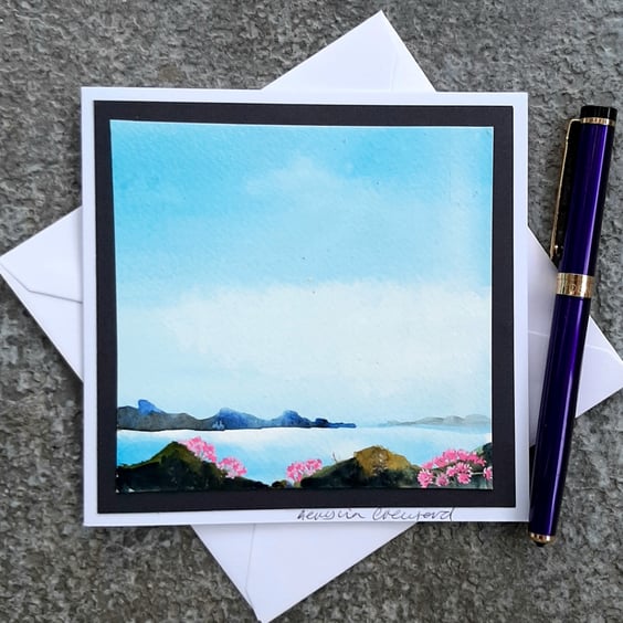 Handpainted Blank Card. Sea Thrift on The Shoreline