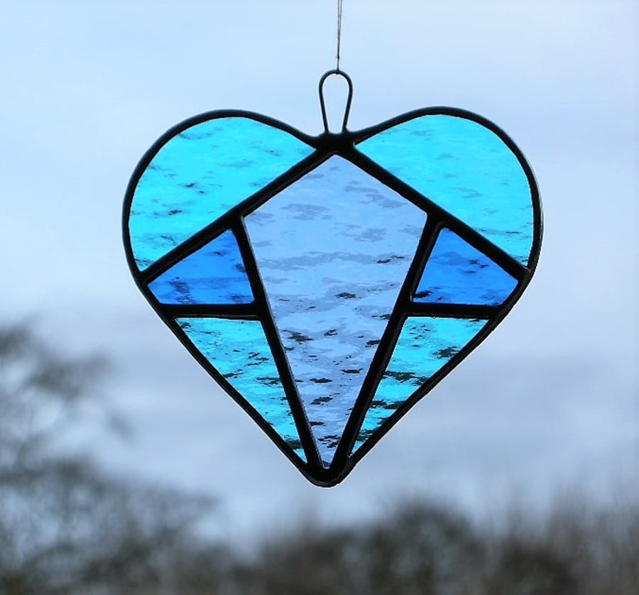 Stained Glass suncatcher (Love Heart) in three different tones of blue textured 